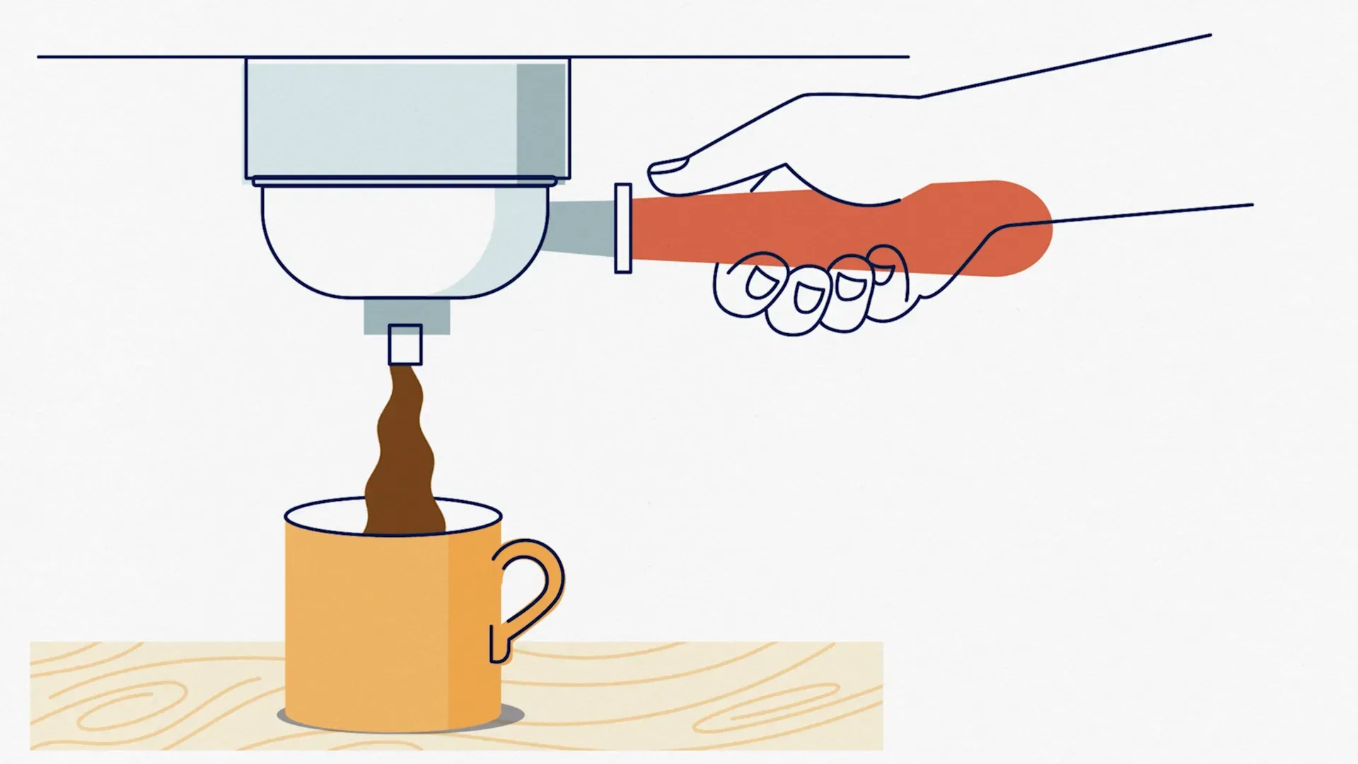 Fotograma del vídeo: una mano sujeta el portafiltros de una cafetera mientras cae el café en una taza naranja sobre una mesa de madera
