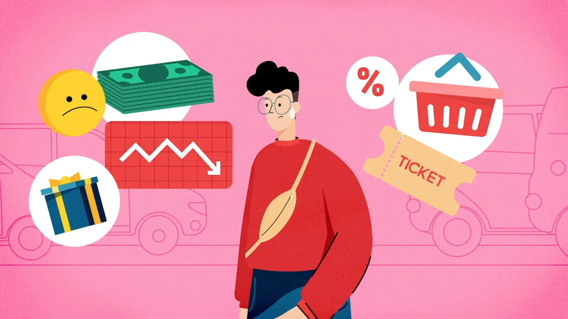 Fotograma del vídeo: un joven con gafas redondas y gesto serio, rodeado de iconos de billetes, un regalo, una gráfica que baja, una cesta, un porcentaje y una entrada