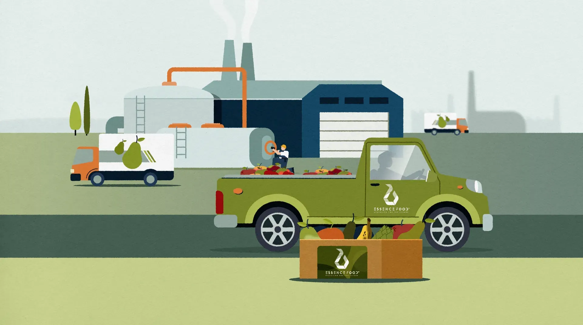 Fotograma del vídeo: una fábrica con chimeneas, furgonetas con una pera dibujada y una camioneta verde con el logo de Essence Food; en primer plano, una caja de fruta y verdura con la marca