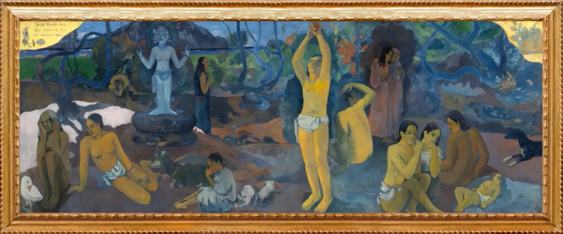 Fotograma del vídeo: un cuadro de Paul Gauguin completo, con marco dorado, de tonos azules y ocres, con figuras repartidas por el paisaje