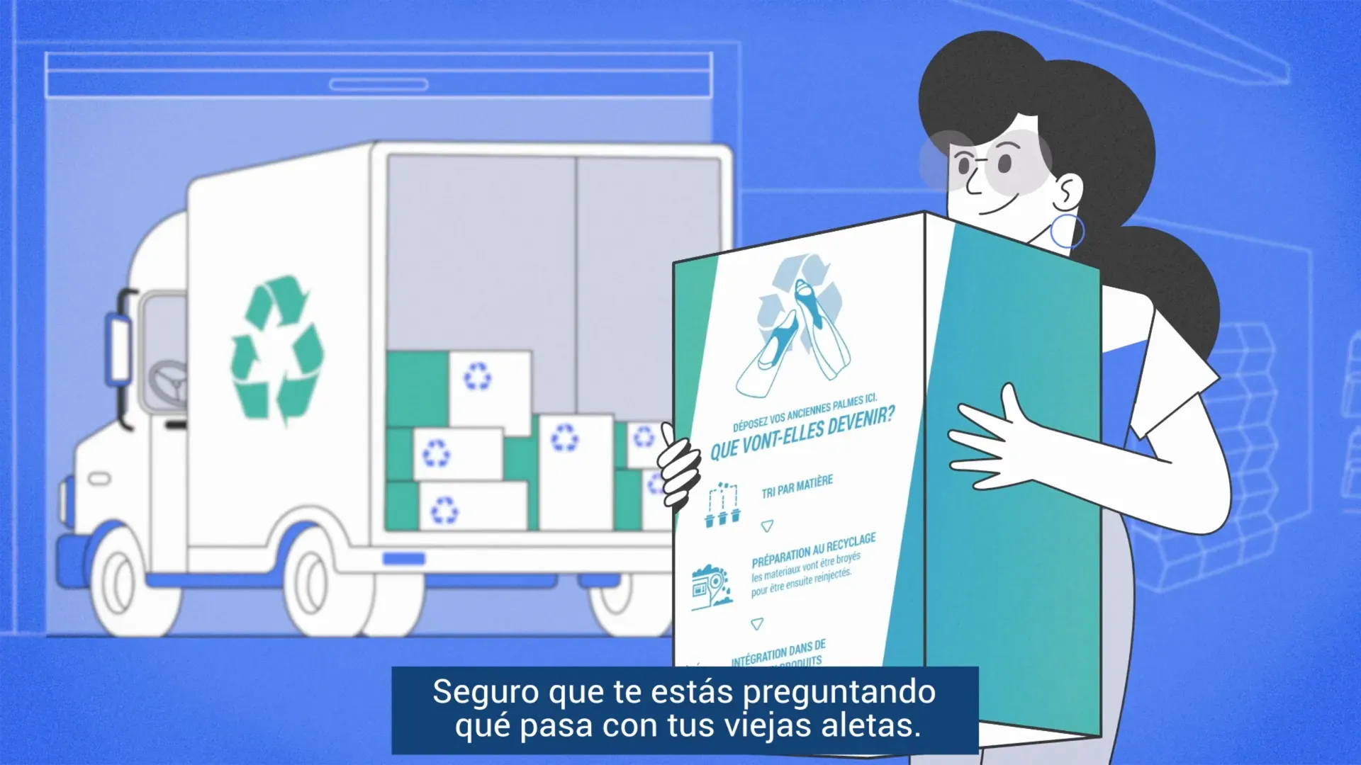 Fotograma del vídeo: una trabajadora carga una caja de recogida de aletas junto a un camión de reciclaje