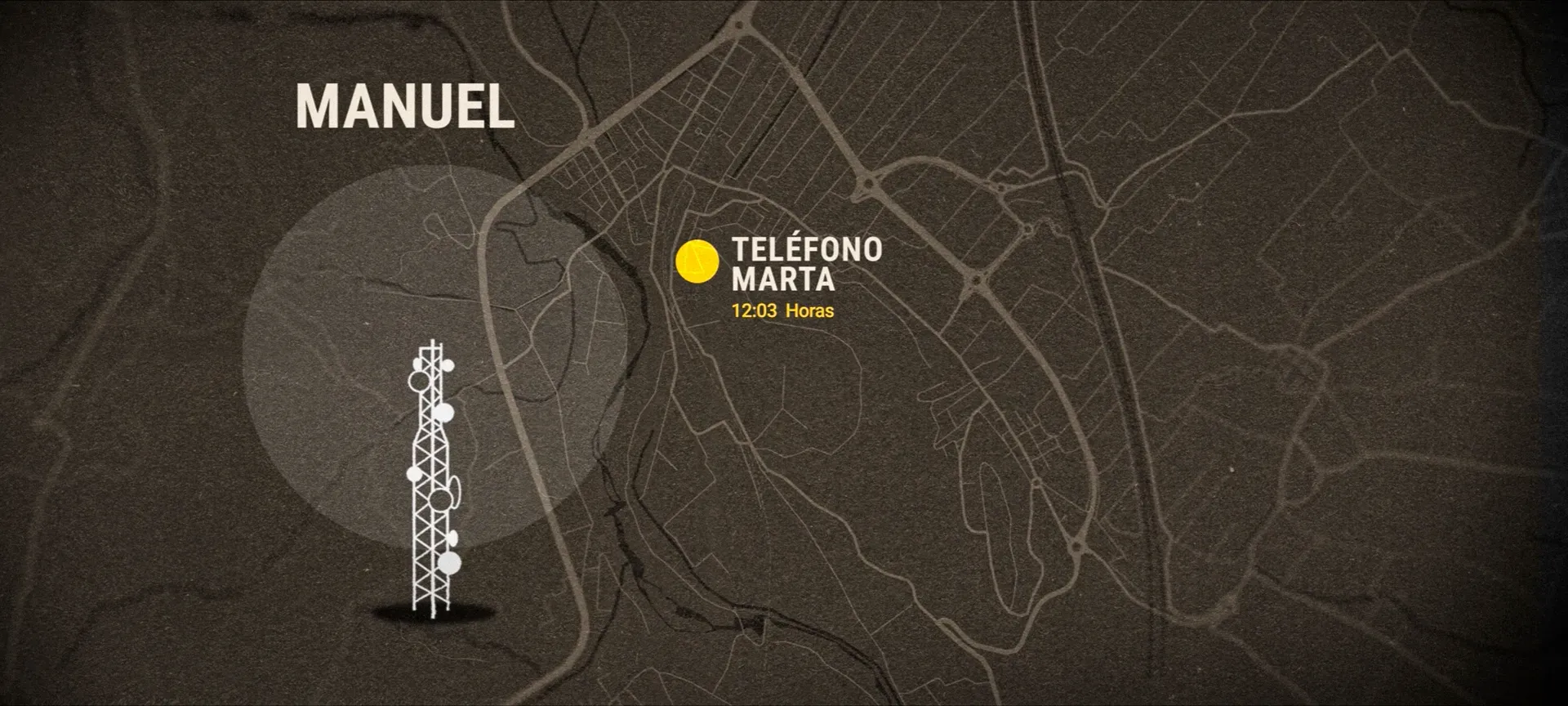 Imagen de la serie: mapa de calles en tonos sepia con una antena de telefonía, el área que cubre y un punto amarillo que sitúa un teléfono a una hora