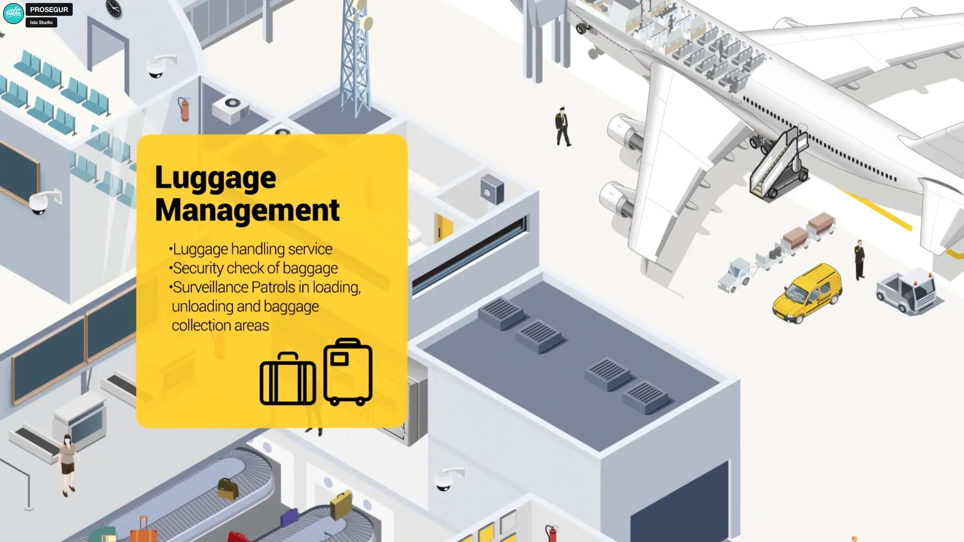 Fotograma del vídeo: vista isométrica en corte de la zona de equipajes de un aeropuerto, con cintas de maletas y un avión en pista, y una tarjeta amarilla con el título «Luggage Management»