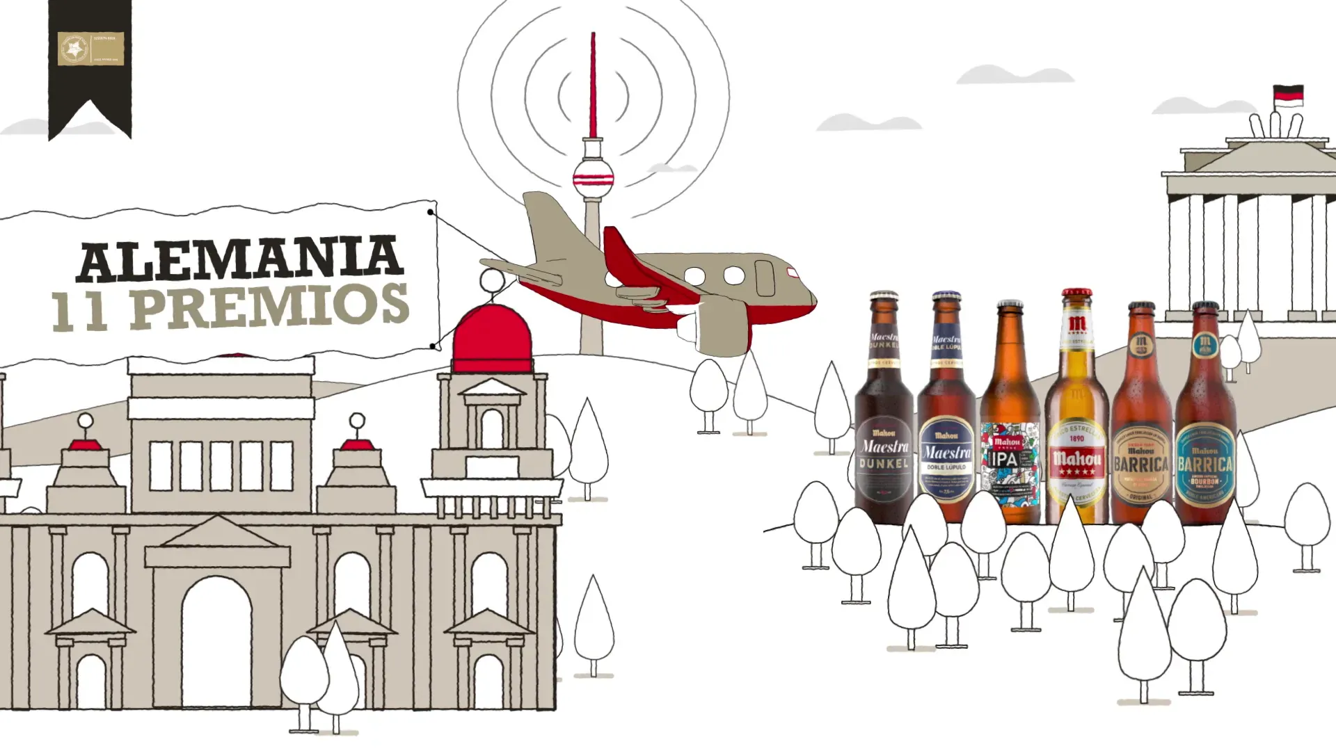 Fotograma del vídeo: un avión rojo sobre Berlín, con el rótulo «Alemania 11 premios» y botellas de Mahou