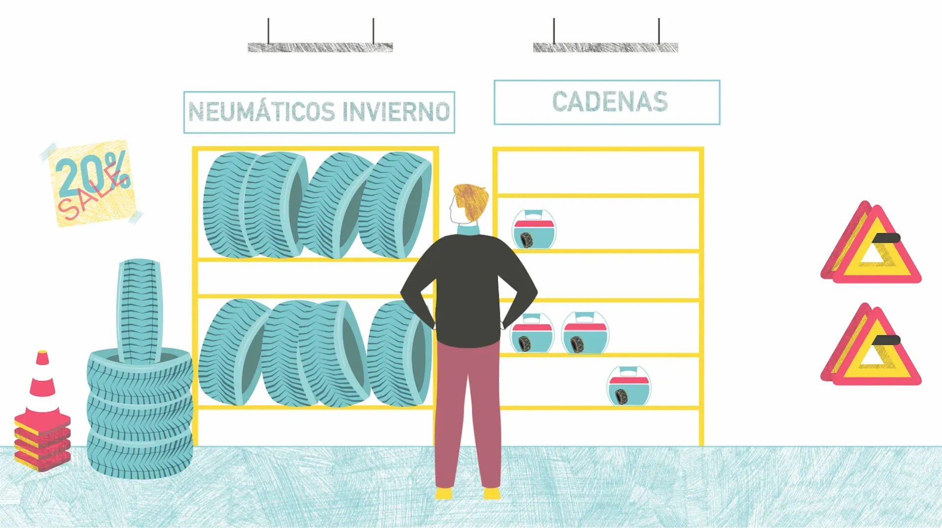 Fotograma del vídeo: un hombre de espaldas ante dos estantes rotulados «NEUMÁTICOS INVIERNO» y «CADENAS», con un cartel de «20% SALE» y dos triángulos de emergencia