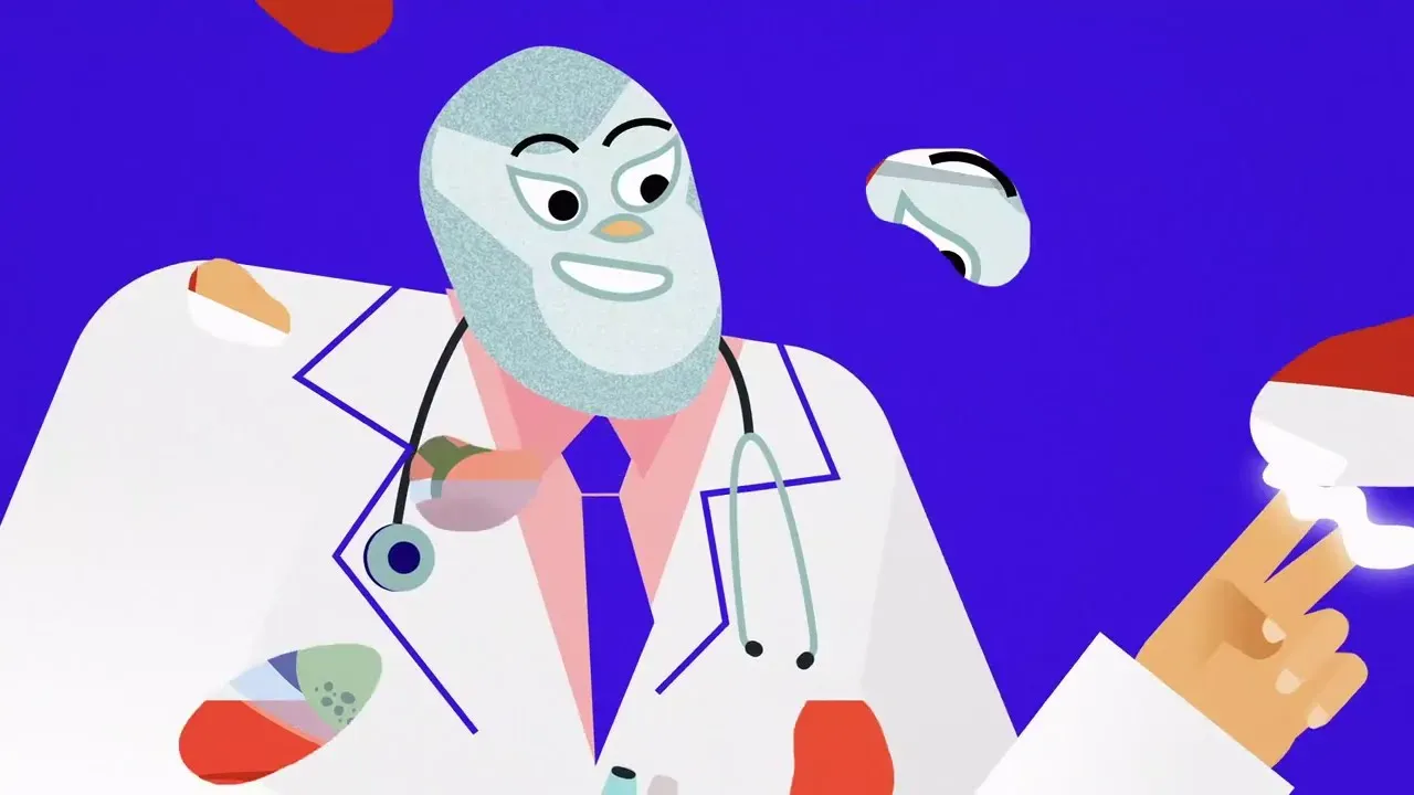 Fotograma del vídeo: el superhéroe de la plata, con bata de médico y estetoscopio, sonríe sobre un fondo azul violeta