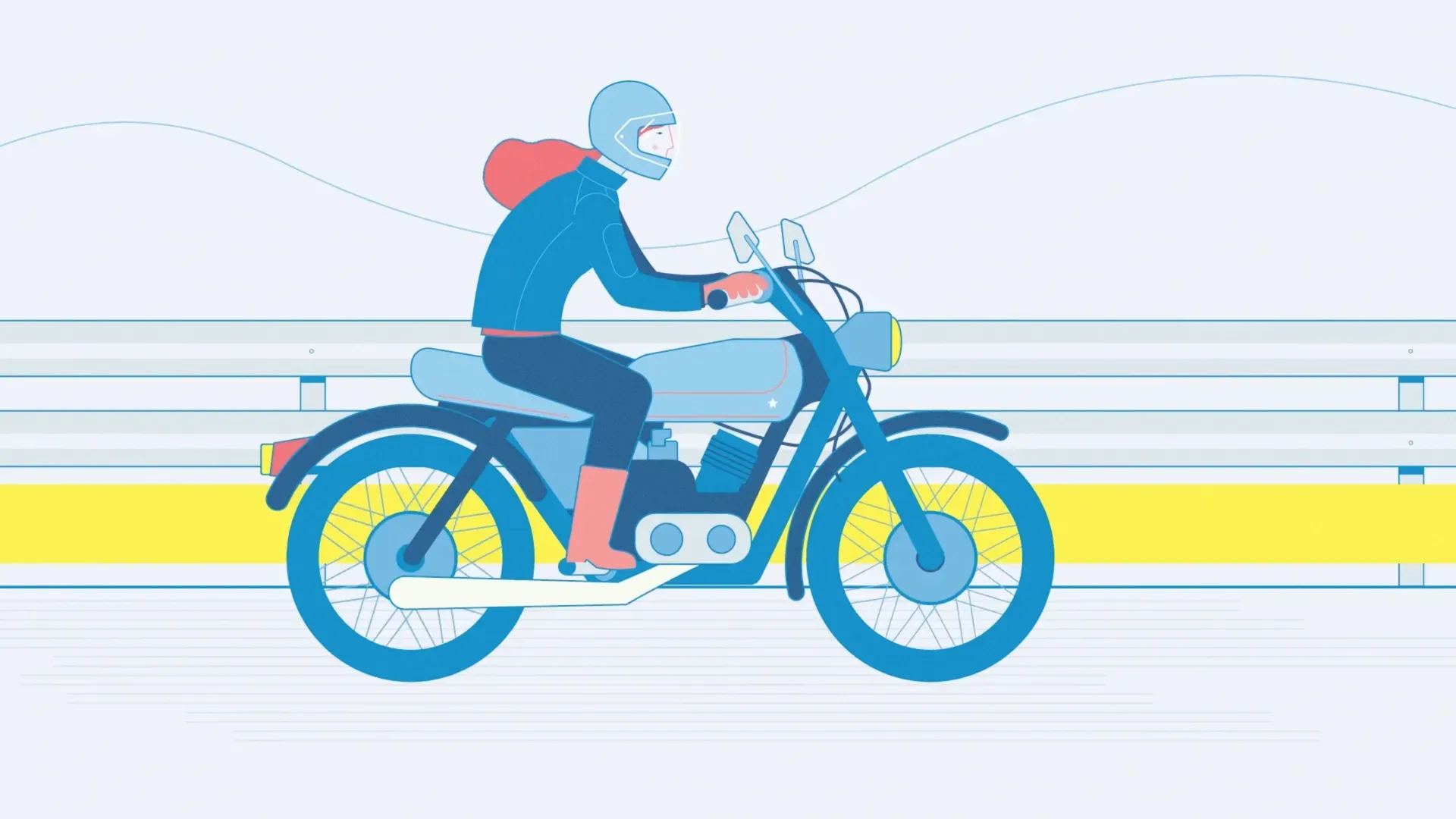 Fotograma del vídeo: una motorista con casco azul y melena roja circula de perfil junto a una barrera de la carretera, con una banda amarilla que cruza la imagen
