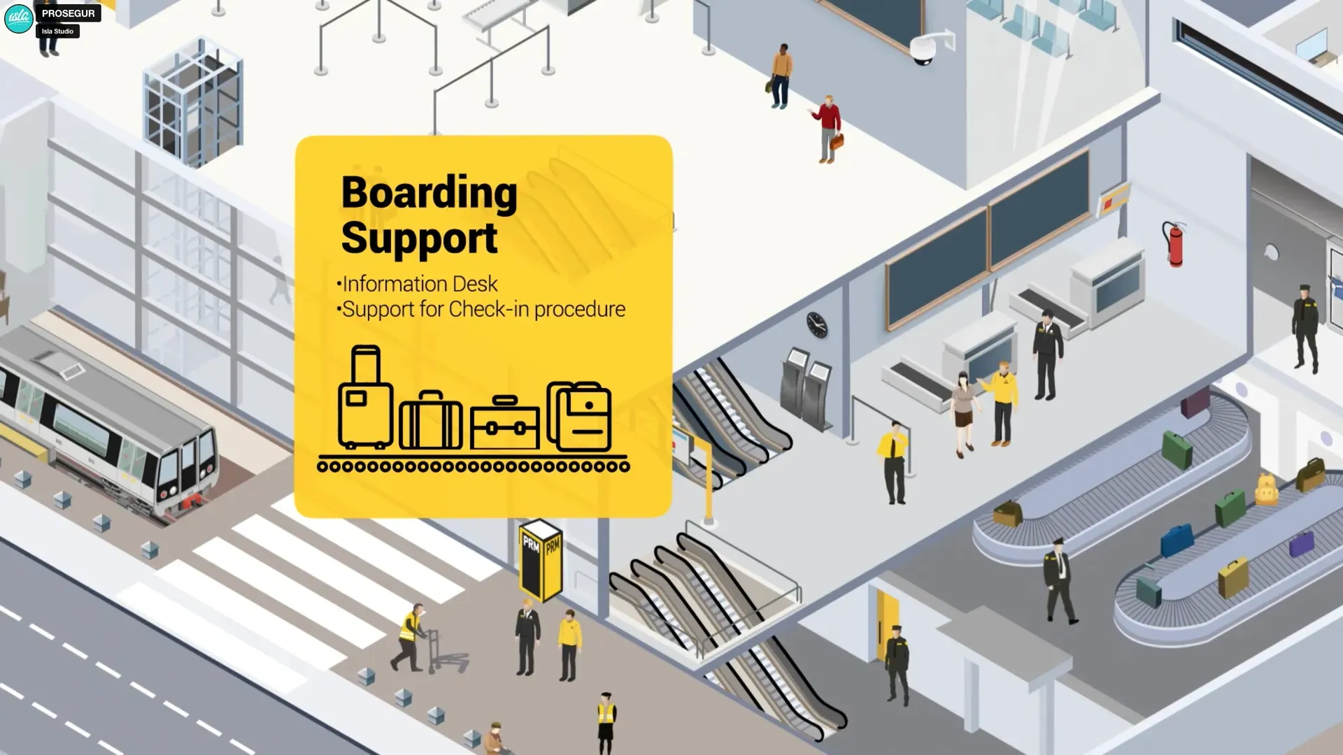 Fotograma del vídeo: terminal en corte con mostradores, escaleras mecánicas y cintas de equipaje, personal de uniforme amarillo y negro, y la tarjeta amarilla «Boarding Support»