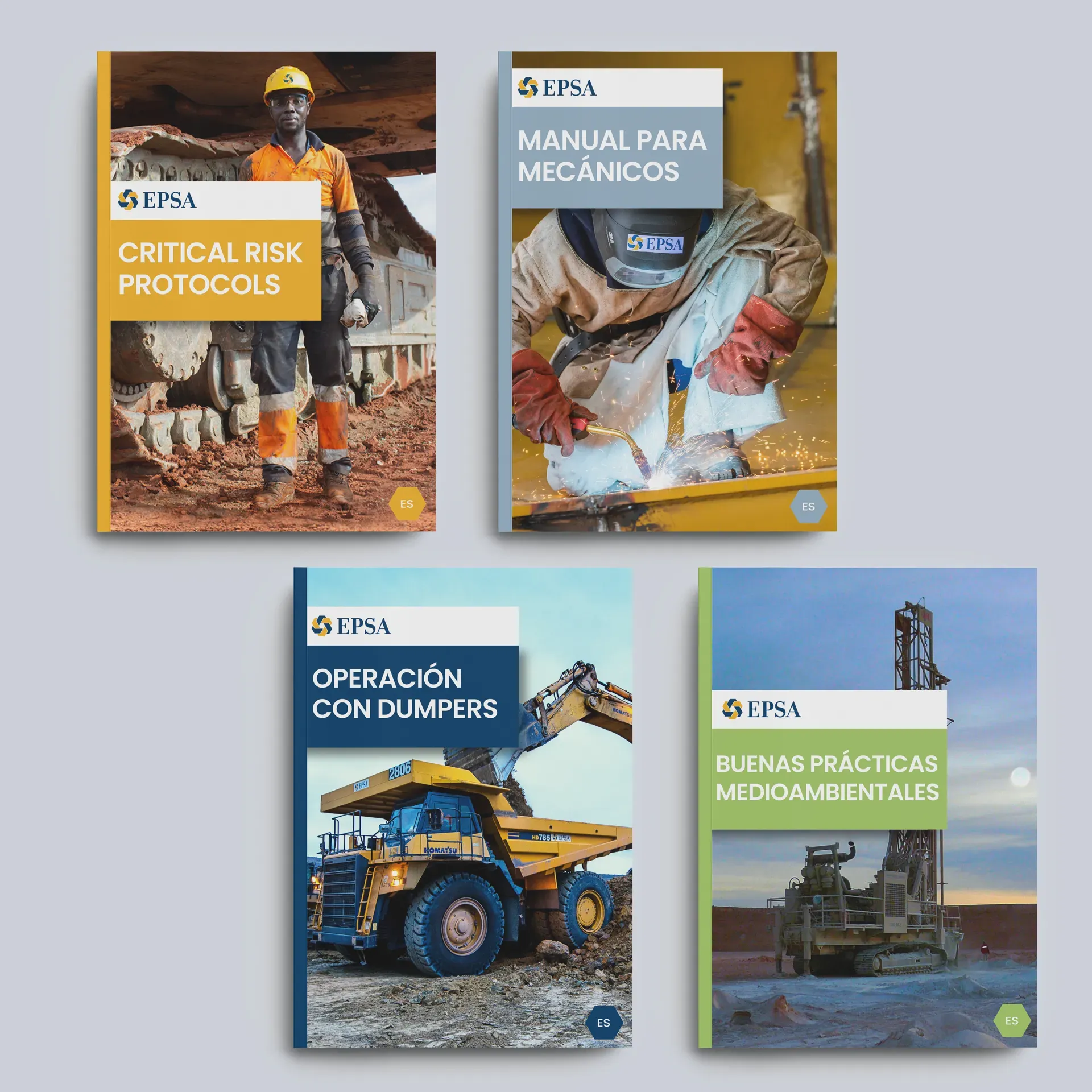 Cuatro portadas de manuales de EPSA, cada una de un color: «Critical Risk Protocols» en amarillo, «Manual para mecánicos» en gris azulado, «Operación con dumpers» en azul marino y «Buenas prácticas medioambientales» en verde, con una foto de obra y un hexágono con «ES»
