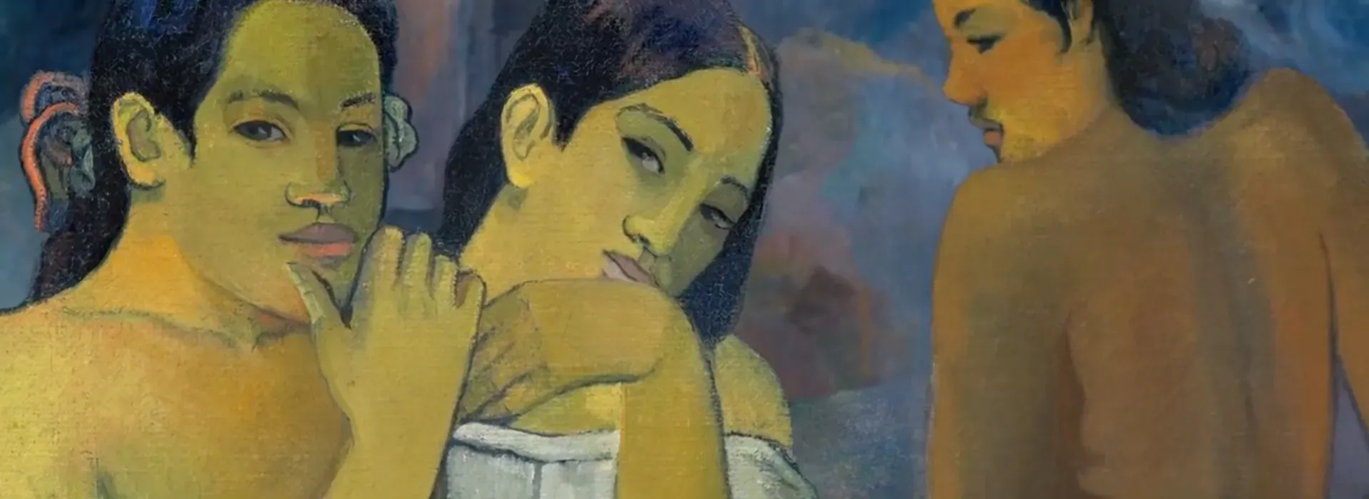 Fotograma del vídeo: primer plano de tres figuras de un cuadro de Gauguin, dos rostros que miran de frente y una figura de espaldas con la cabeza girada