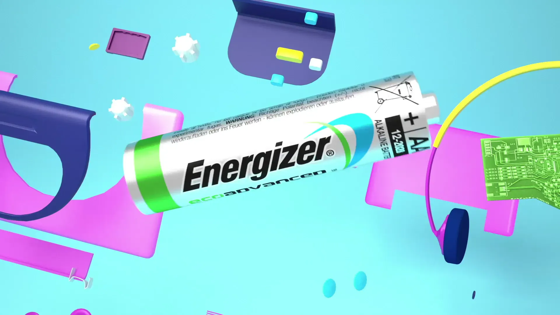 Fotograma del vídeo: la pila Energizer entra en escena entre las piezas de los aparatos