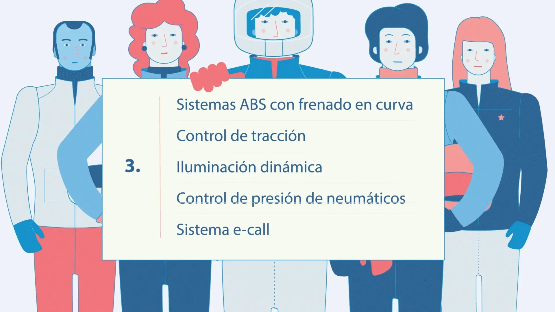Fotograma del vídeo: cinco motoristas detrás de un cartel con una lista numerada de sistemas de seguridad de la moto
