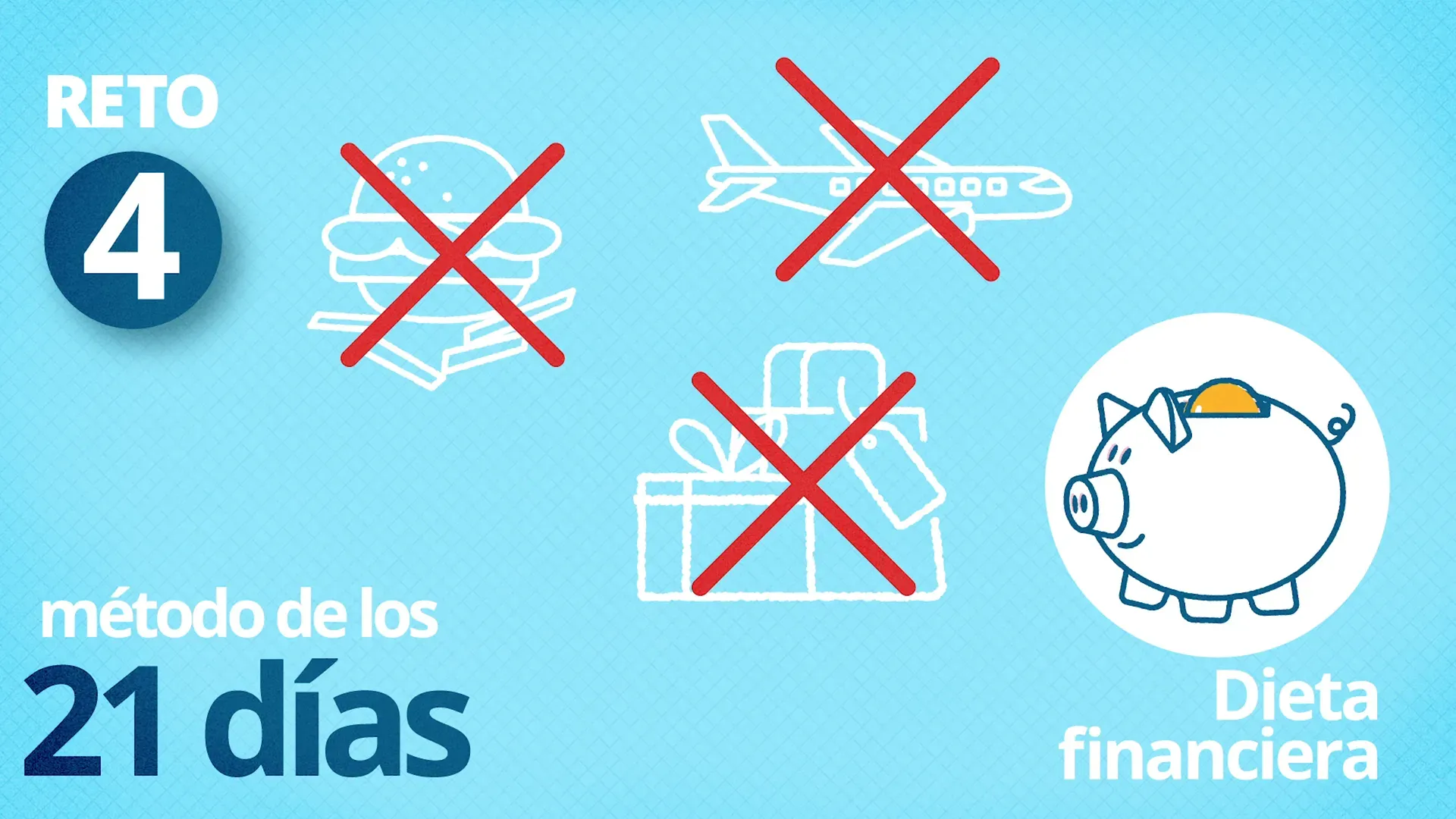 Fotograma del vídeo: el rótulo «RETO 4, método de los 21 días», con una hamburguesa, un avión y un regalo tachados, y una hucha de cerdito