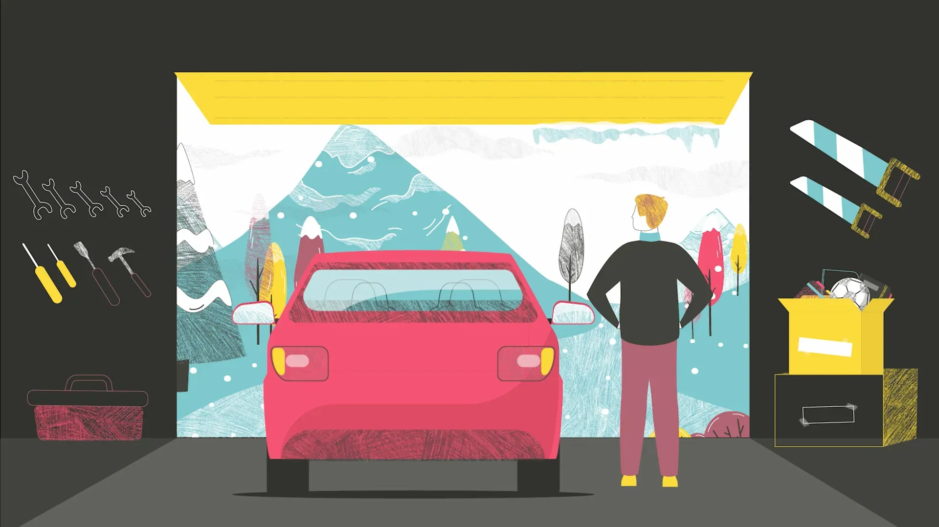 Fotograma del vídeo: un hombre mira desde un garaje, con herramientas colgadas, la montaña nevada que se ve por la puerta abierta; en primer término, un coche rojo