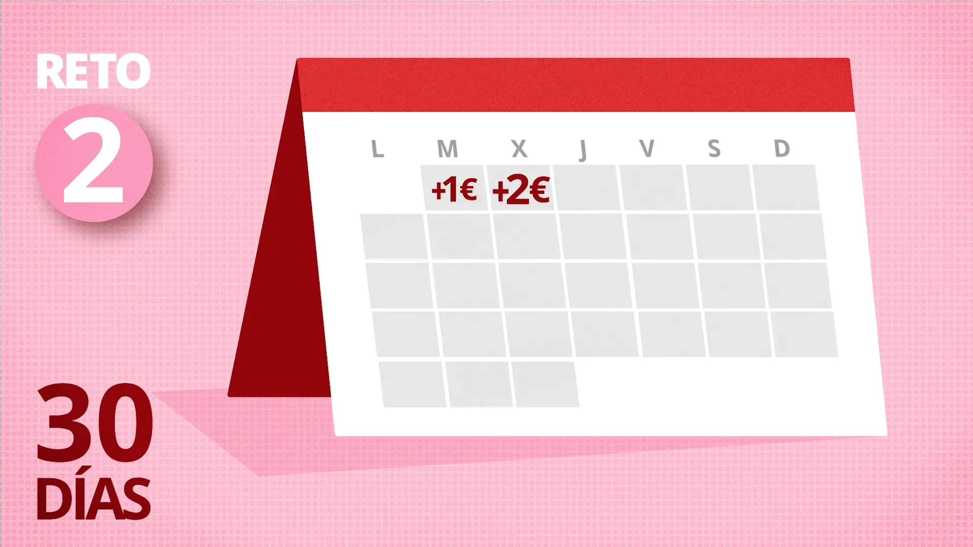 Fotograma del vídeo: el rótulo «RETO 2, 30 DÍAS» junto a un calendario de mesa con +1€ y +2€ marcados en los primeros días