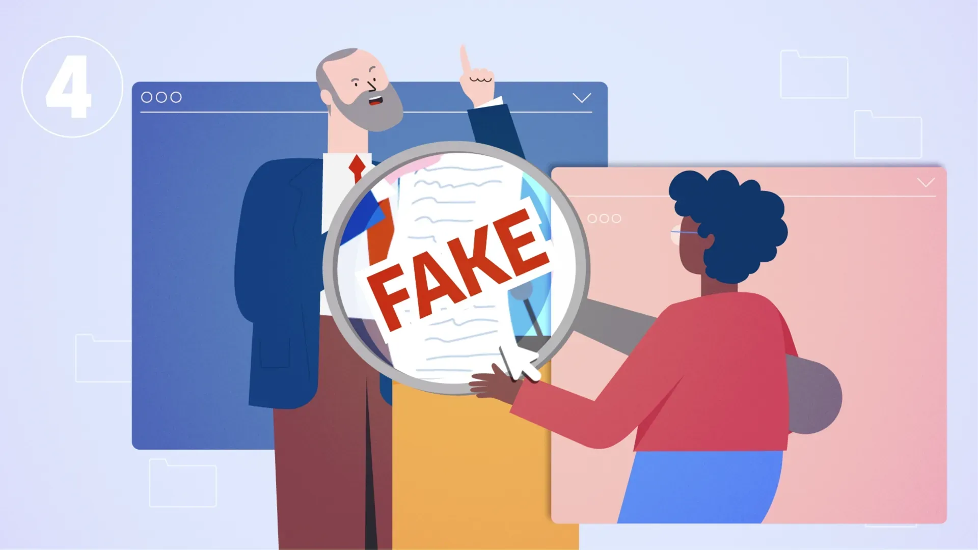 Fotograma del vídeo: una persona sostiene una lupa sobre el papel de un orador con barba y aparece un sello rojo con la palabra «FAKE»