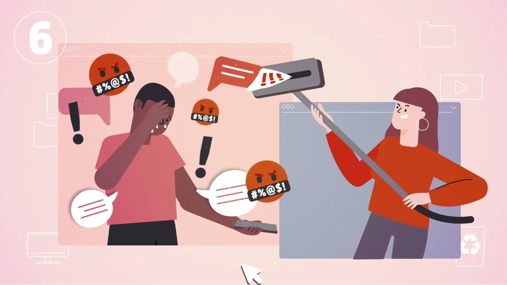Fotograma del vídeo: una persona se lleva la mano a la cara, rodeada de emojis enfadados y globos de mensaje, y otra, desde otra ventana, retira un mensaje con una herramienta de mango largo