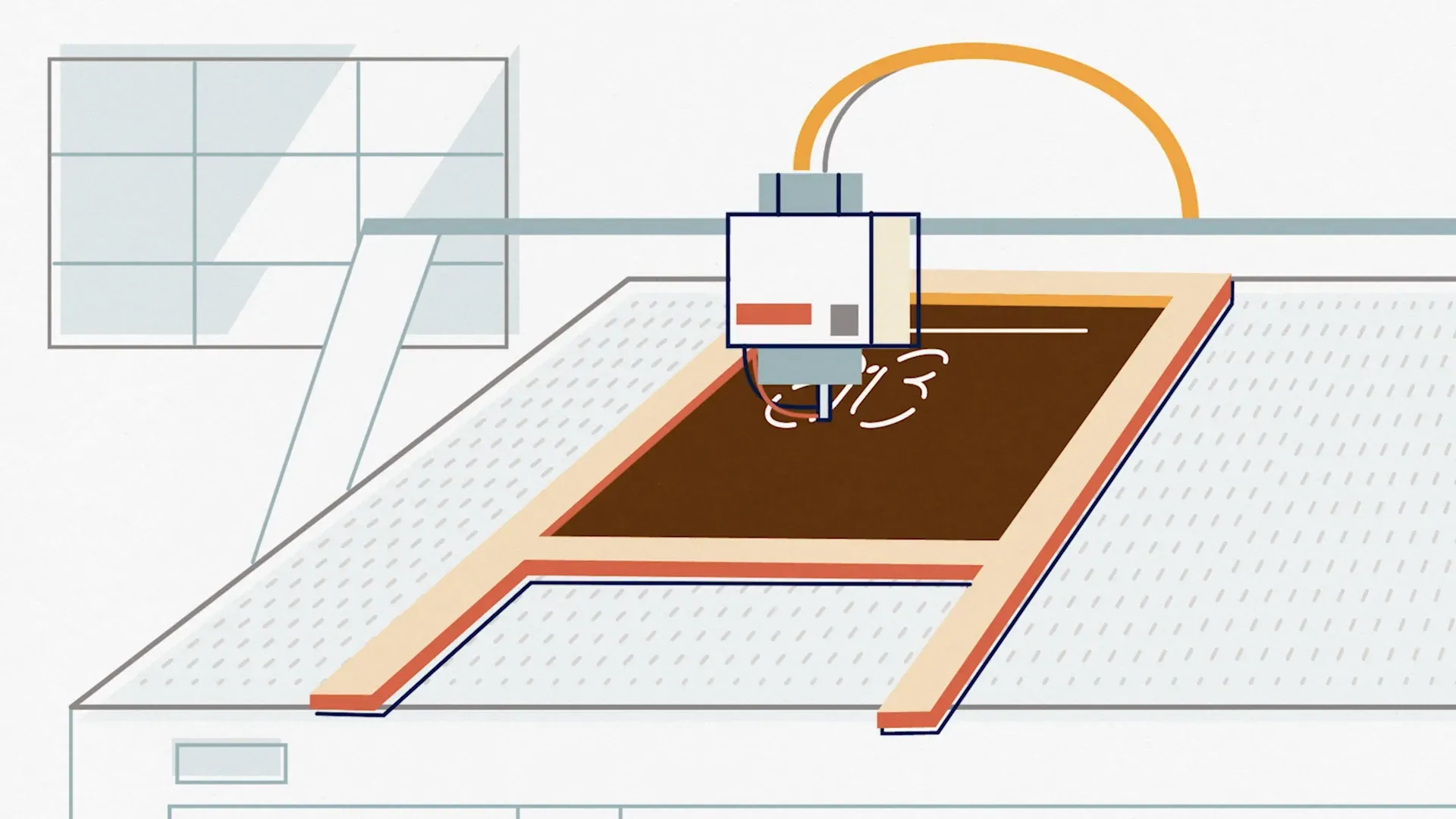 Fotograma del vídeo: una máquina de fabricación digital marca una plancha marrón sobre una mesa, con trazos blancos bajo el cabezal