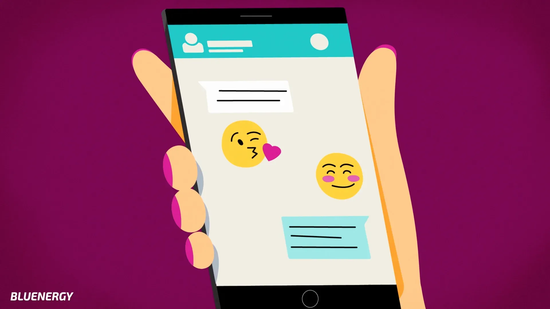 Fotograma del vídeo: una mano sostiene un móvil con una conversación de mensajes y emojis sobre un fondo magenta