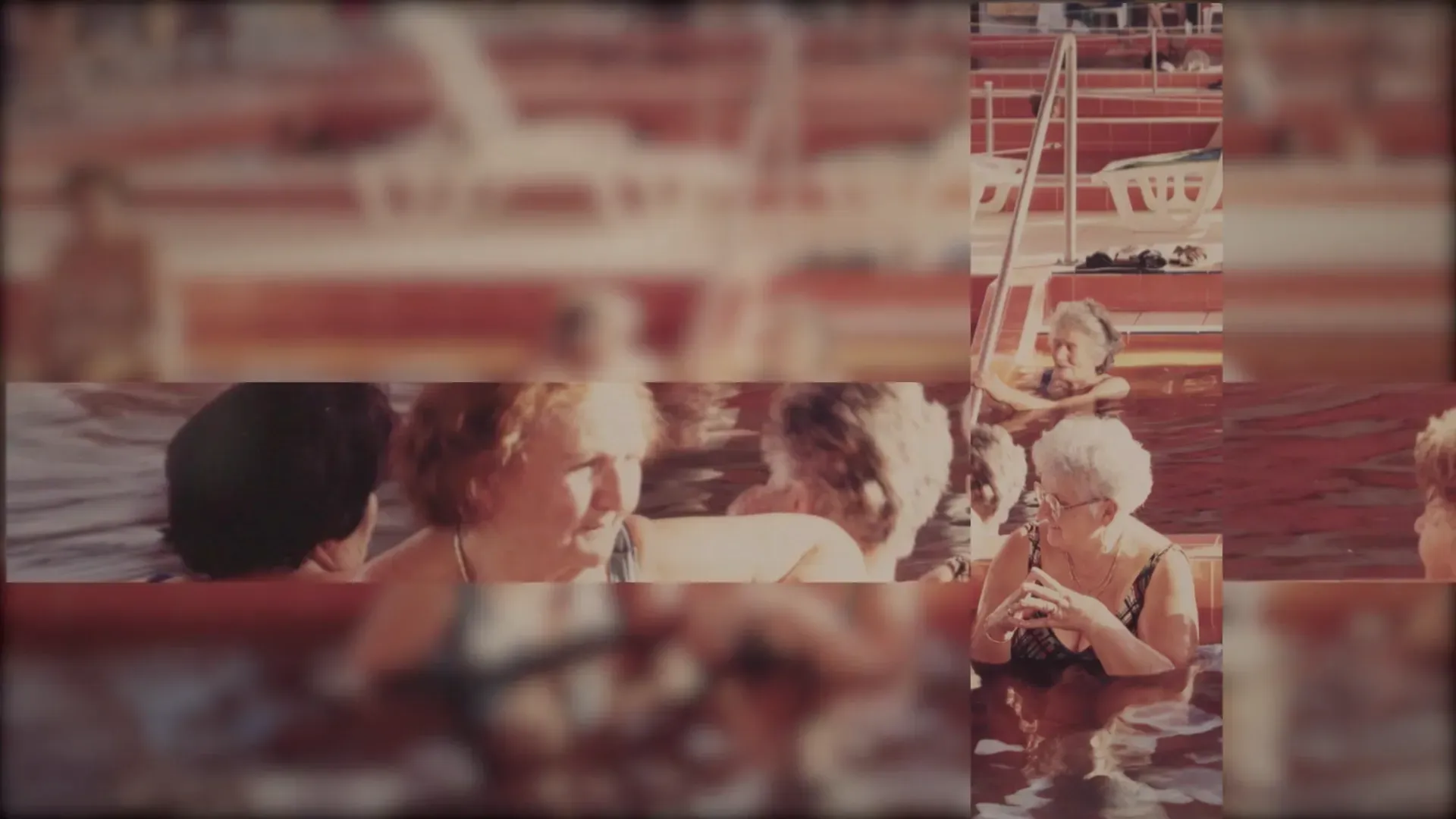 Fotograma del vídeo: bañistas en una piscina de agua rojiza, con la imagen fragmentada en recuadros de distintos tamaños, algunos desenfocados