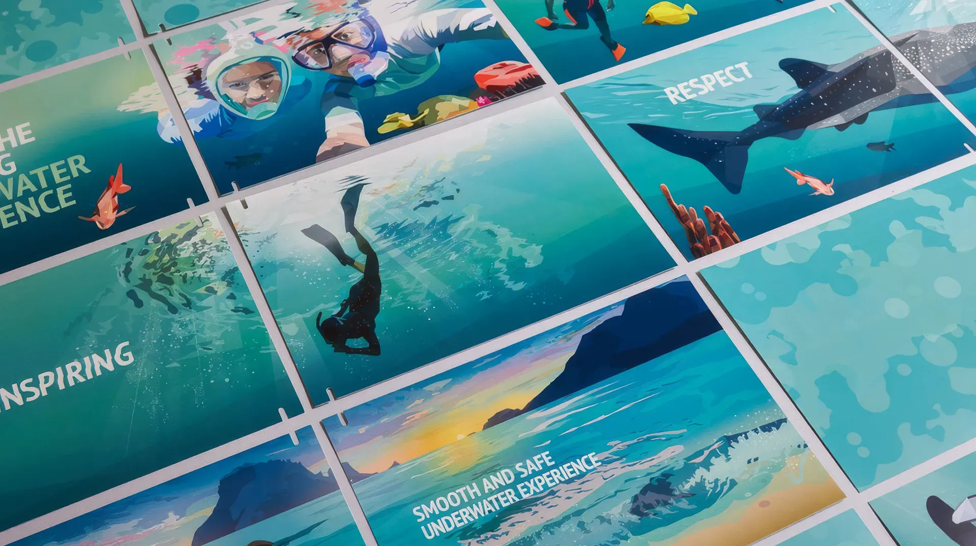 Láminas ilustradas con los valores de SUBEA: «Respect», «Inspiring» y «Smooth and safe underwater experience»