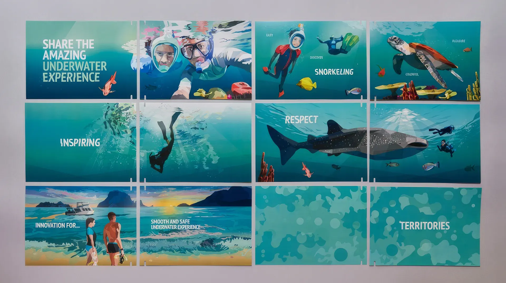 Láminas del Brand Book de SUBEA sobre una mesa, con la frase «Share the amazing underwater experience»