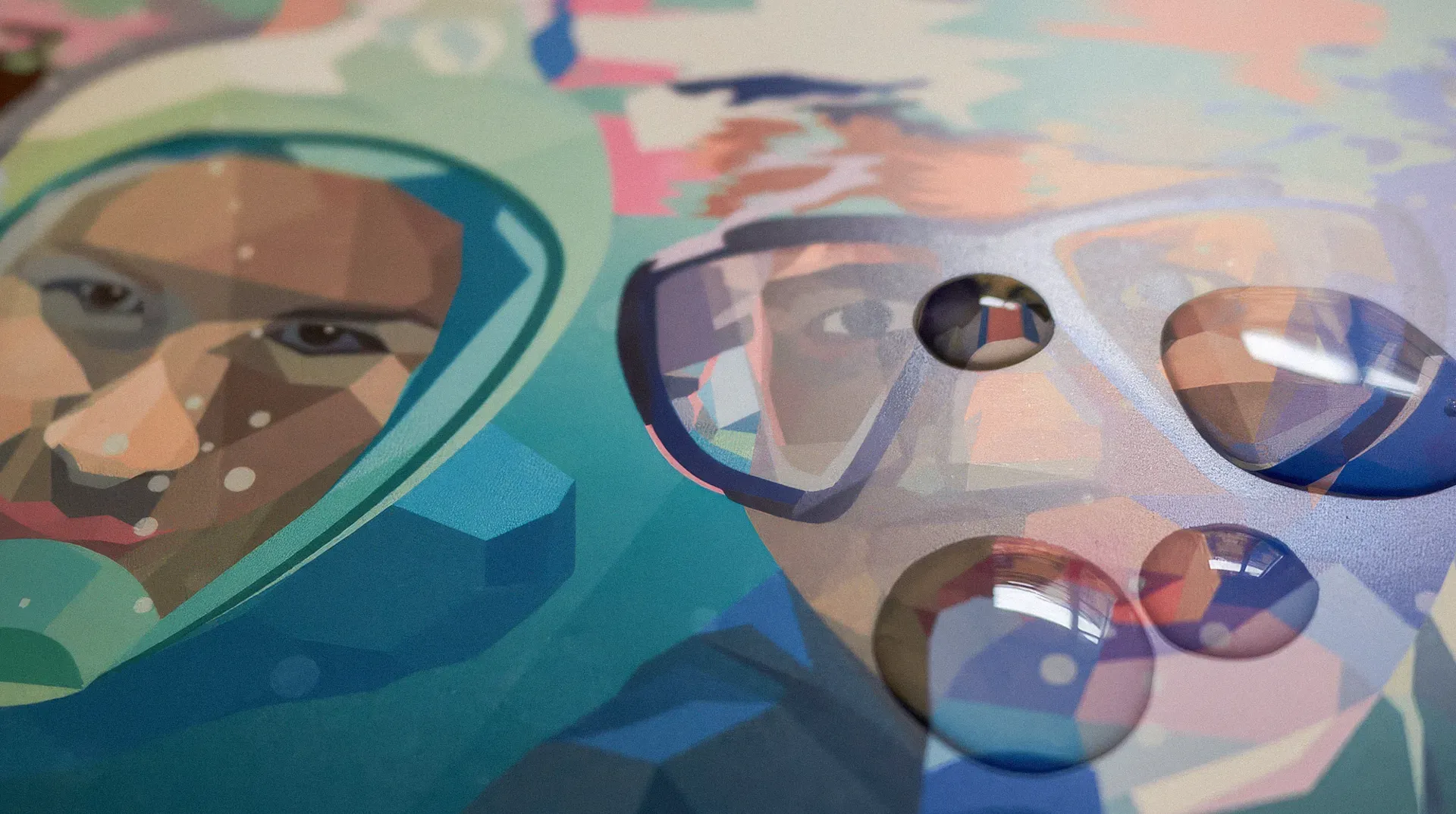 Detalle de una ilustración: dos caras con máscara de buceo bajo el agua