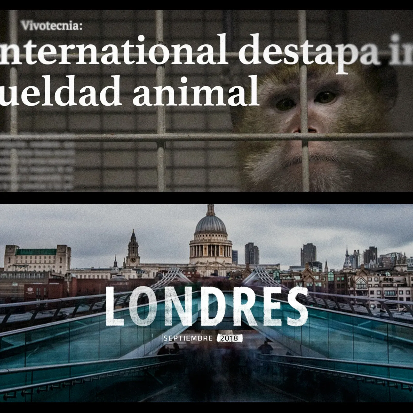 Pantalla partida con un titular de prensa y el rótulo «Londres»