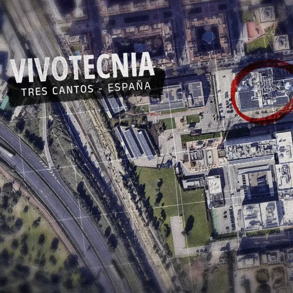 Mapa aéreo con la ubicación del laboratorio de Vivotecnia, en Tres Cantos, marcada en rojo