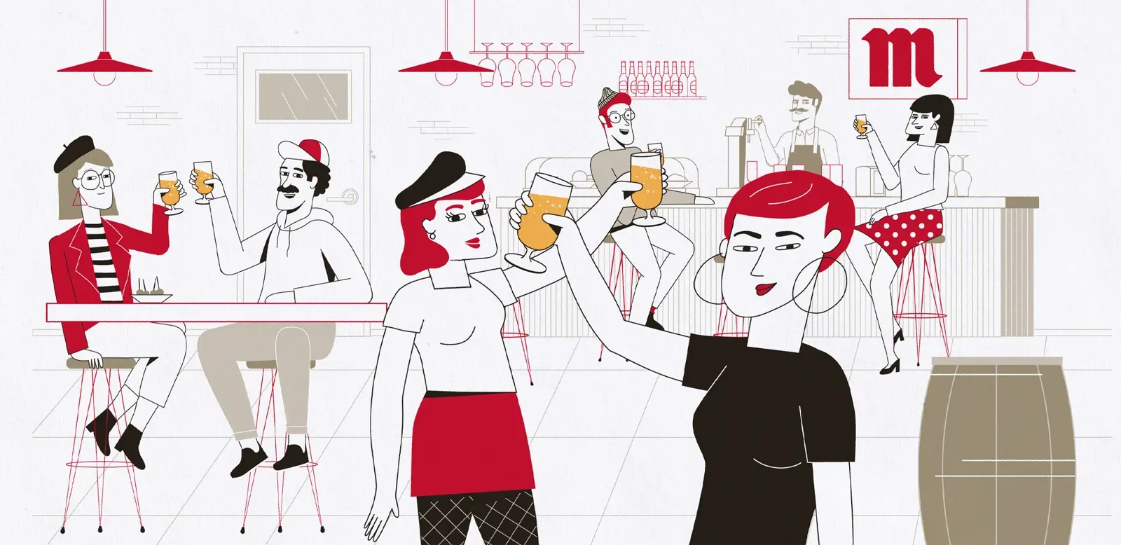 Brindis en un bar, en el estilo de cómic del vídeo de Mahou