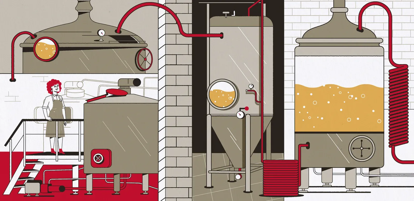Las cubas de la cervecería, en rojo y amarillo