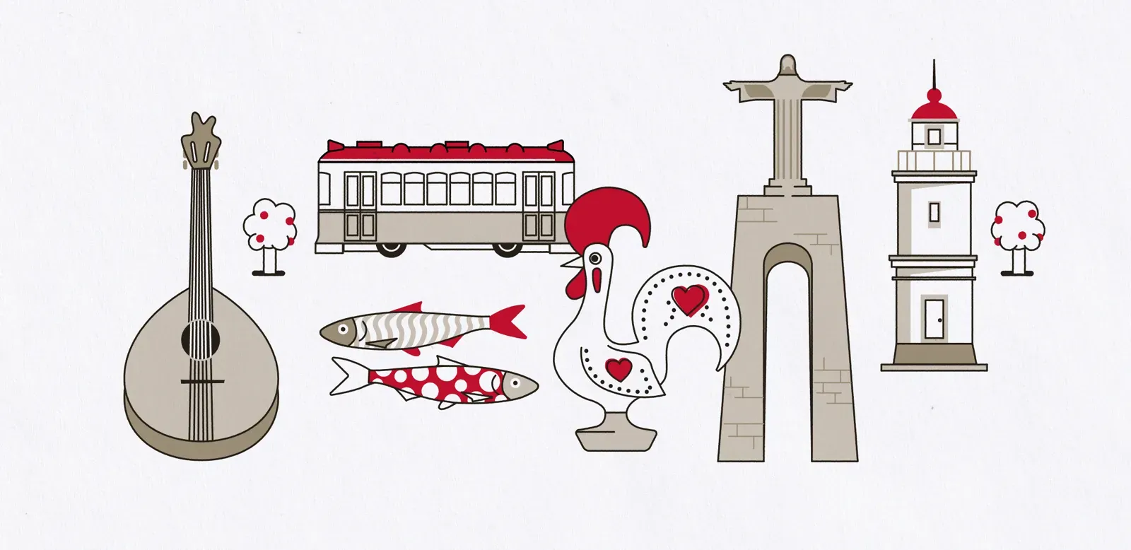 Lisboa en iconos: guitarra, tranvía, gallo y faro